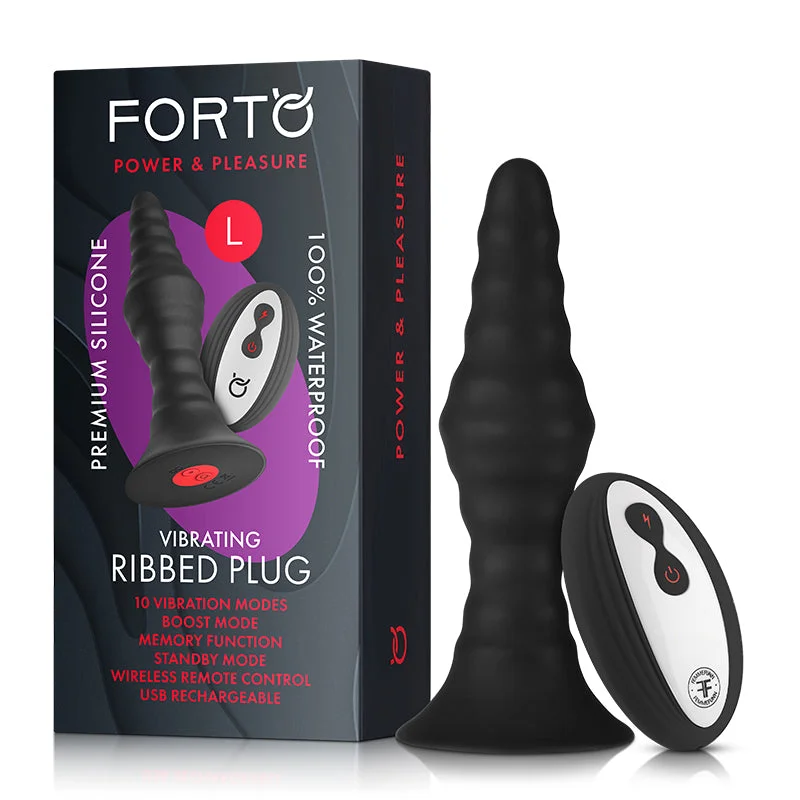 Forto Vibrating Ribbed Plug Rechargeable Remote-Controlled Silicone Anal Plug Large Black