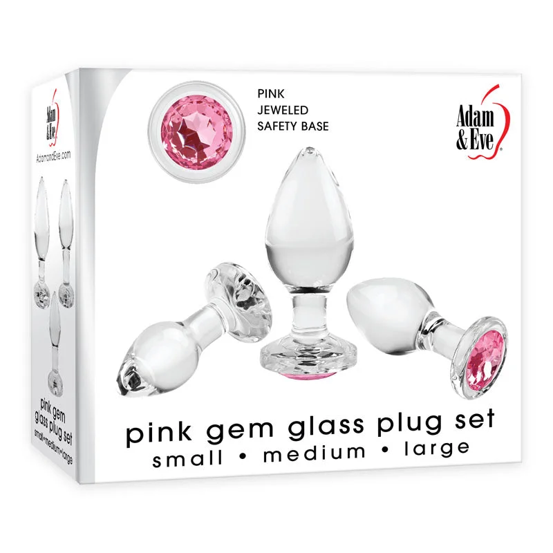 Adam & Eve PINK GEM GLASS PLUG SET - Clear Glass Butt Plugs - Set of 3 Sizes