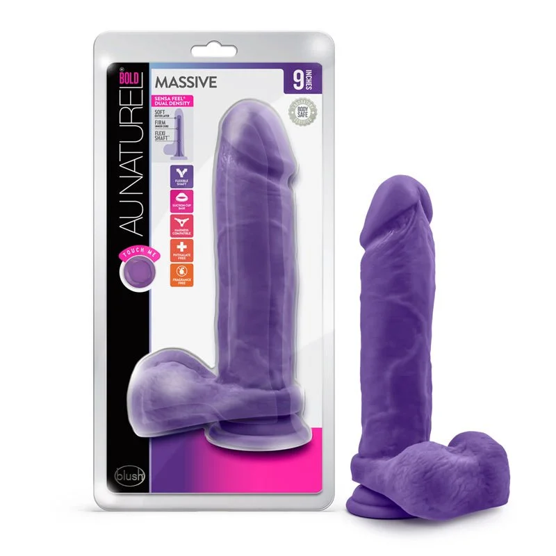 Blush Au Naturel Bold Massive 9 in. Posable Dual Density Dildo with Balls & Suction Cup Purple