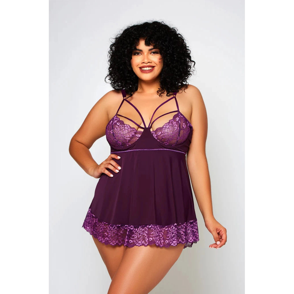 Cross Dye Lace & Microfiber Babydoll & G-String - Queen