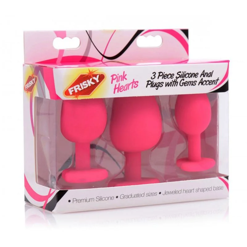 Frisky Pink Hearts 3 Piece Silicone Anal Plugs with Gem Accents