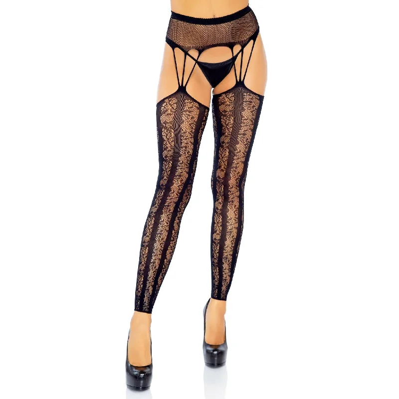 Lace Footless Stockings with Attached Fishnet Garter Belt