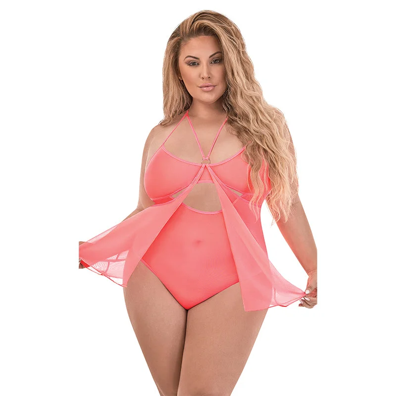 Magic Silk Forever Mesh Crotchless Babydoll Teddy Coral QUEEN