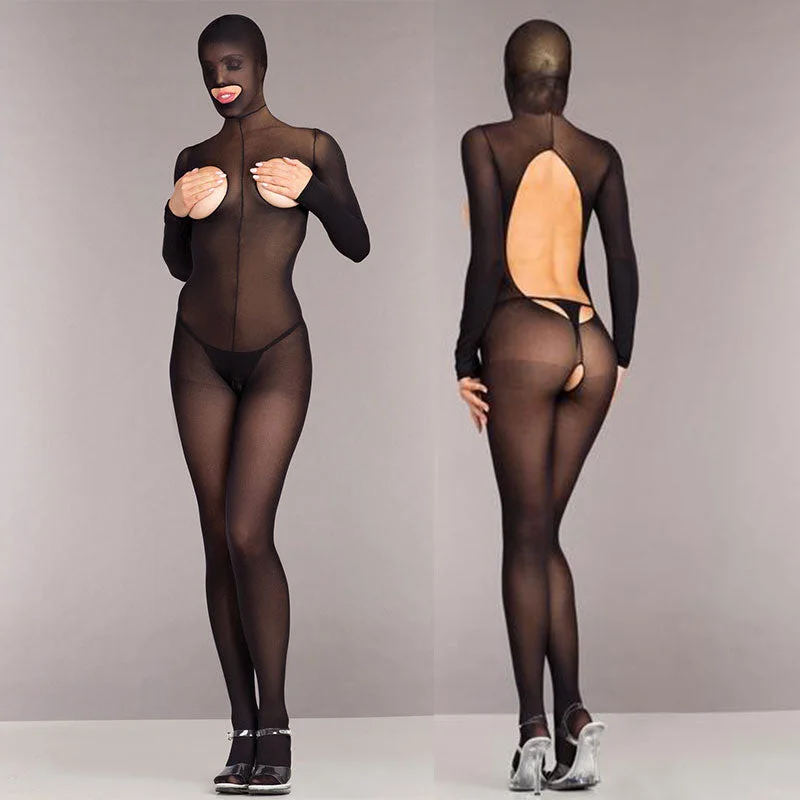 Opaque Cupless And Crotchless Hooded Bodystocking One Size Black