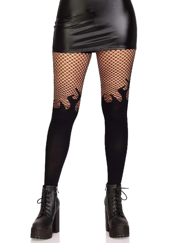 Opaque Flame Tights With Fishnet Top - One Size -  Black