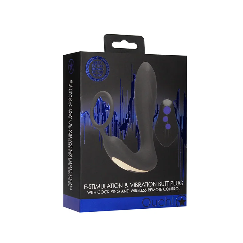 Ouch! Electro Rechargeable Remote-Controlled E-Stimulation & Vibration Silicone Anal Plug With Cockring Black