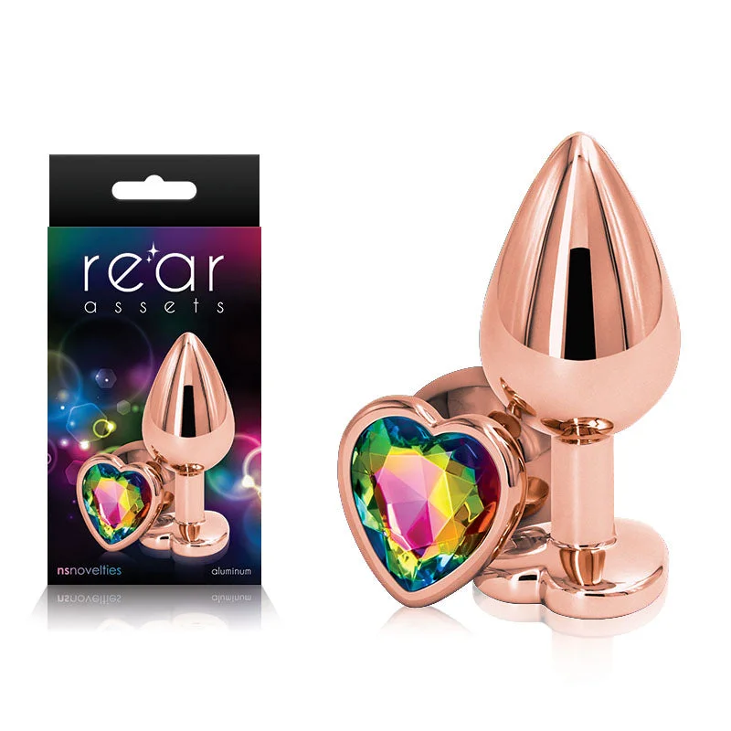 Rear Assets Rose Gold Rainbow Heart Medium Butt Plug