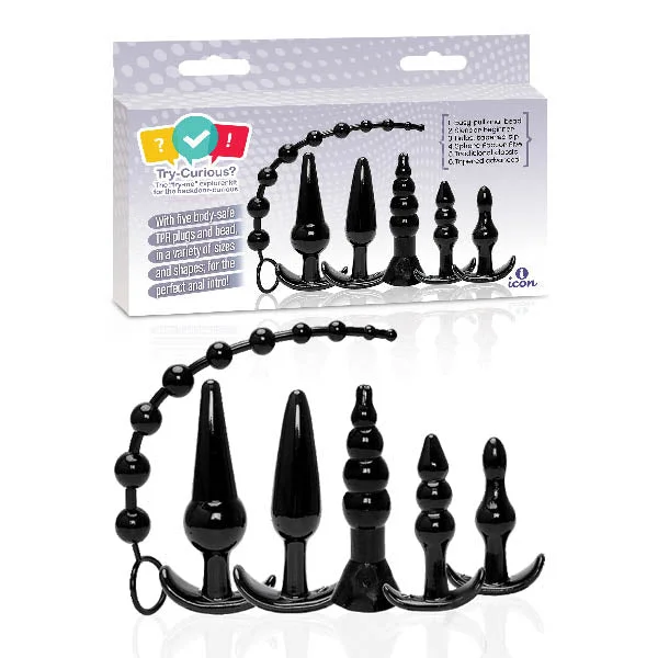 Try-Curious 6 Piece Anal Plug Butt Plug Kit Black